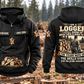 Logger Skills and Pride Vintage Hoodie in Black, separated complete front and back views with CUSTOM NAME and SINCE 2000 sample chest text, logging-tool motifs and logger portrait artwork.
