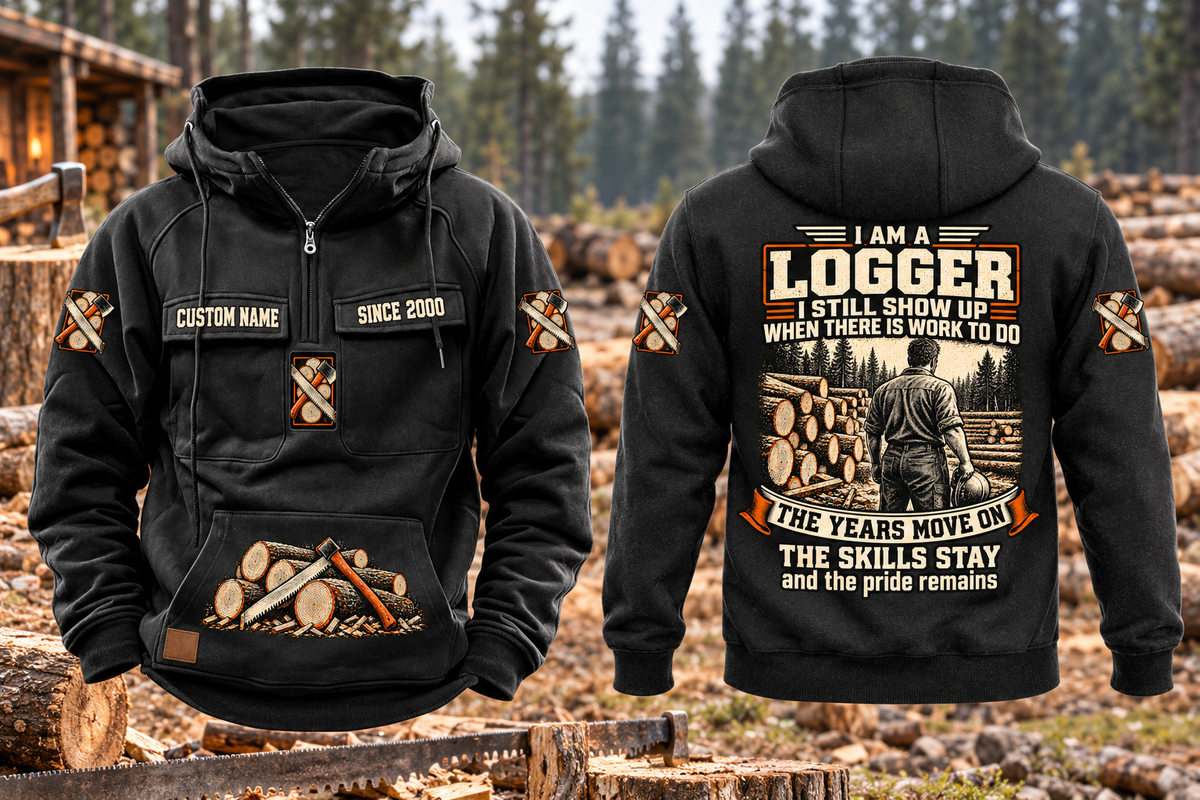 Logger Skills and Pride Vintage Hoodie in Black, separated complete front and back views with CUSTOM NAME and SINCE 2000 sample chest text, logging-tool motifs and logger portrait artwork.