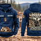 Logger Skills and Pride Vintage Hoodie in Dark Blue, separated complete front and back views with CUSTOM NAME and SINCE 2000 sample chest text, logging-tool motifs and logger portrait artwork.