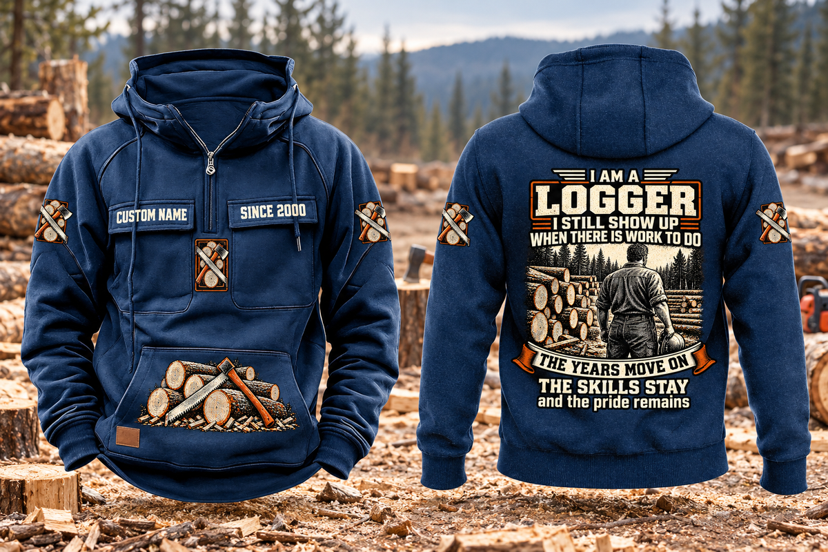 Logger Skills and Pride Vintage Hoodie in Dark Blue, separated complete front and back views with CUSTOM NAME and SINCE 2000 sample chest text, logging-tool motifs and logger portrait artwork.