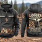 Logger Skills and Pride Vintage Hoodie in Dark Gray, separated complete front and back views with CUSTOM NAME and SINCE 2000 sample chest text, logging-tool motifs and logger portrait artwork.