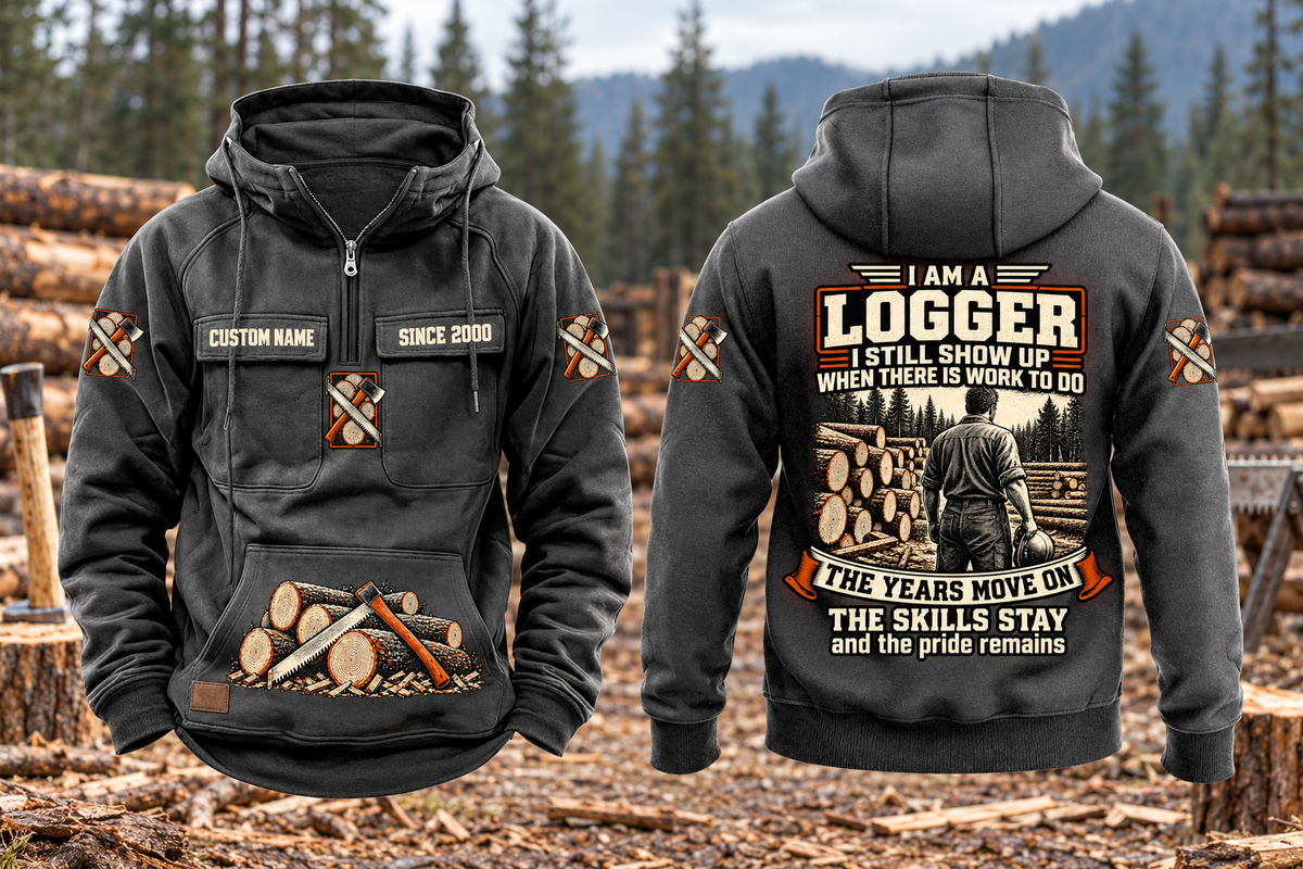 Logger Skills and Pride Vintage Hoodie in Dark Gray, separated complete front and back views with CUSTOM NAME and SINCE 2000 sample chest text, logging-tool motifs and logger portrait artwork.