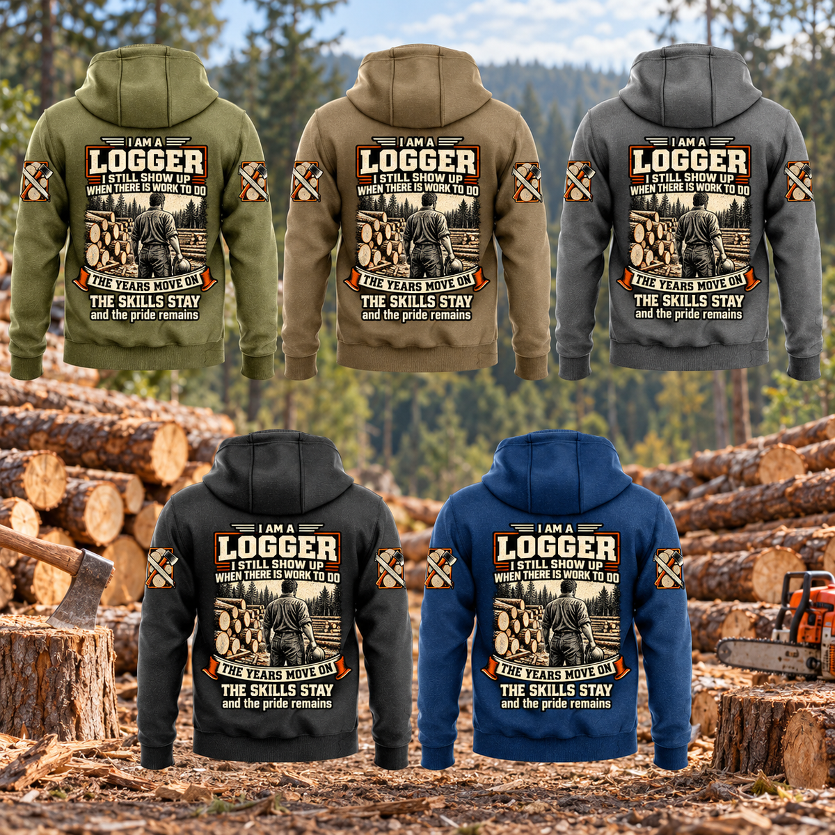 Logger Skills and Pride Vintage Hoodie in all five colors, Military Green, Kaki, Dark Gray, Black and Dark Blue, shown as five separated complete back views at a quiet forest landing with cut timber.