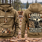 Logger Skills and Pride Vintage Hoodie in Kaki, separated complete front and back views with CUSTOM NAME and SINCE 2000 sample chest text, logging-tool motifs and logger portrait artwork.