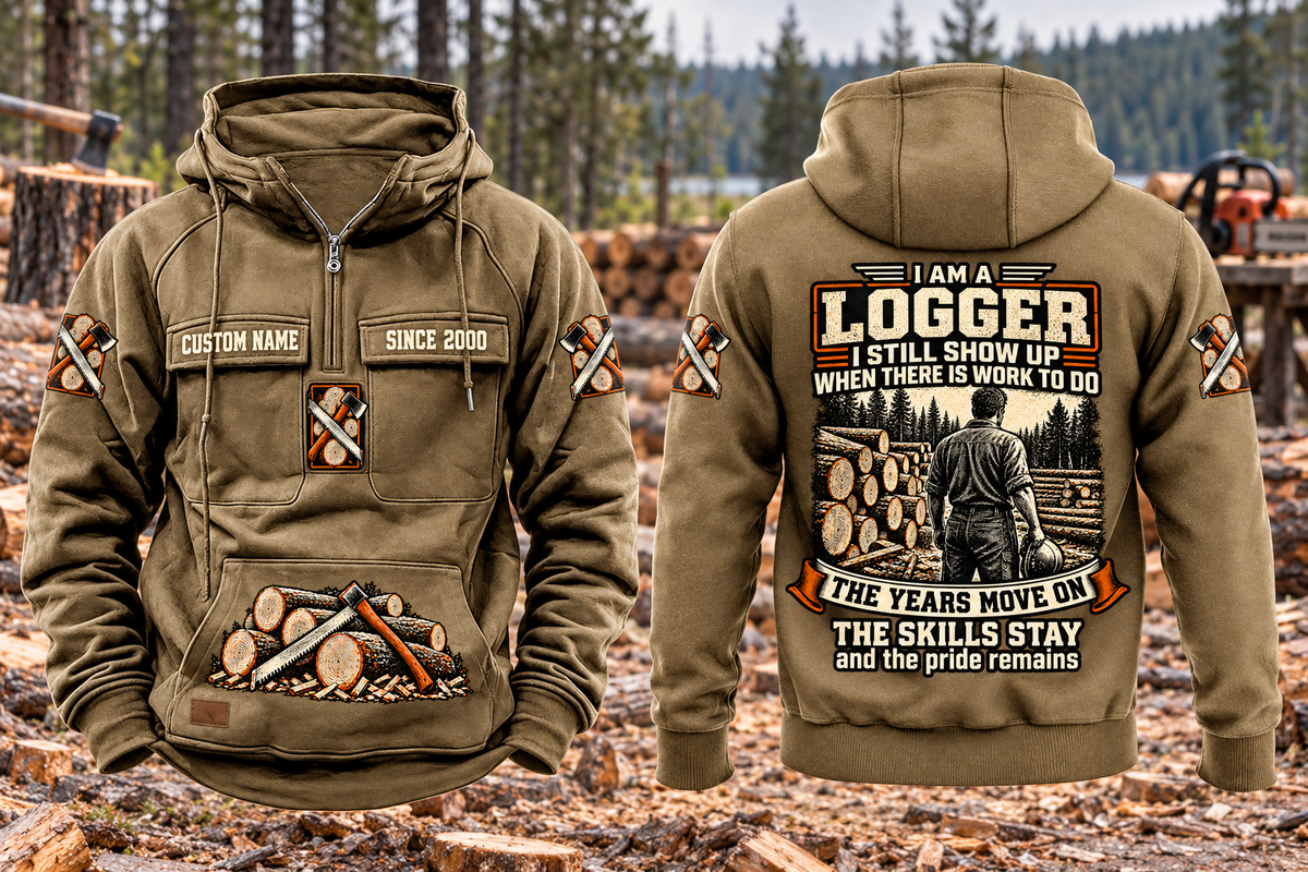 Logger Skills and Pride Vintage Hoodie in Kaki, separated complete front and back views with CUSTOM NAME and SINCE 2000 sample chest text, logging-tool motifs and logger portrait artwork.
