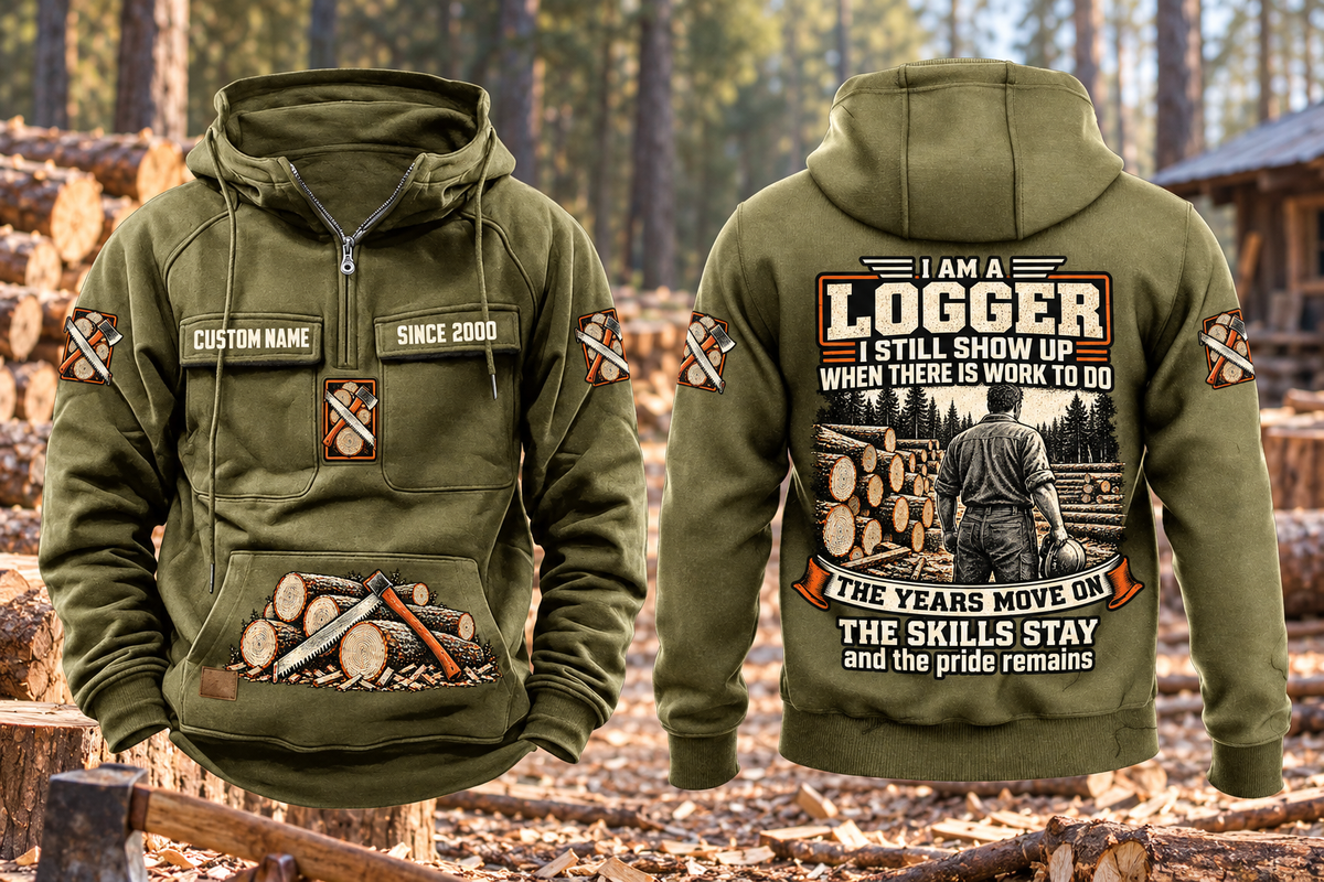 Logger Skills and Pride Vintage Hoodie in Military Green, separated complete front and back views with CUSTOM NAME and SINCE 2000 sample chest text, logging-tool motifs and logger portrait artwork.