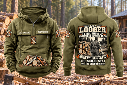 Logger Skills and Pride Vintage Hoodie in Military Green, separated complete front and back views with CUSTOM NAME and SINCE 2000 sample chest text, logging-tool motifs and logger portrait artwork.