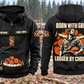 Logger By Choice Vintage Hoodie in Black, complete front and back views at a forest landing, with CUSTOM NAME and SINCE 2000 chest samples, log-and-saw motifs, and BORN WITH GRIT / LOGGER BY CHOICE back artwork.