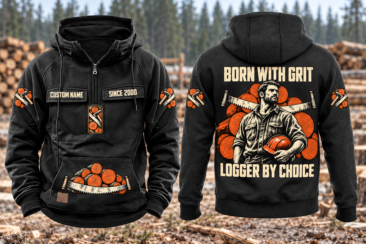 Logger By Choice Vintage Hoodie in Black, complete front and back views at a forest landing, with CUSTOM NAME and SINCE 2000 chest samples, log-and-saw motifs, and BORN WITH GRIT / LOGGER BY CHOICE back artwork.