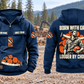 Logger By Choice Vintage Hoodie in Dark Blue, complete front and back views at a forest landing, with CUSTOM NAME and SINCE 2000 chest samples, log-and-saw motifs, and BORN WITH GRIT / LOGGER BY CHOICE back artwork.