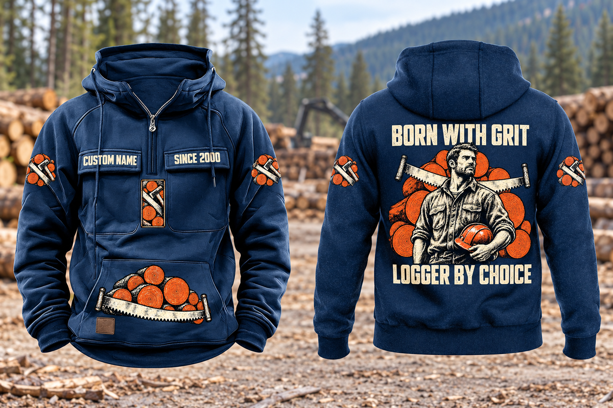 Logger By Choice Vintage Hoodie in Dark Blue, complete front and back views at a forest landing, with CUSTOM NAME and SINCE 2000 chest samples, log-and-saw motifs, and BORN WITH GRIT / LOGGER BY CHOICE back artwork.