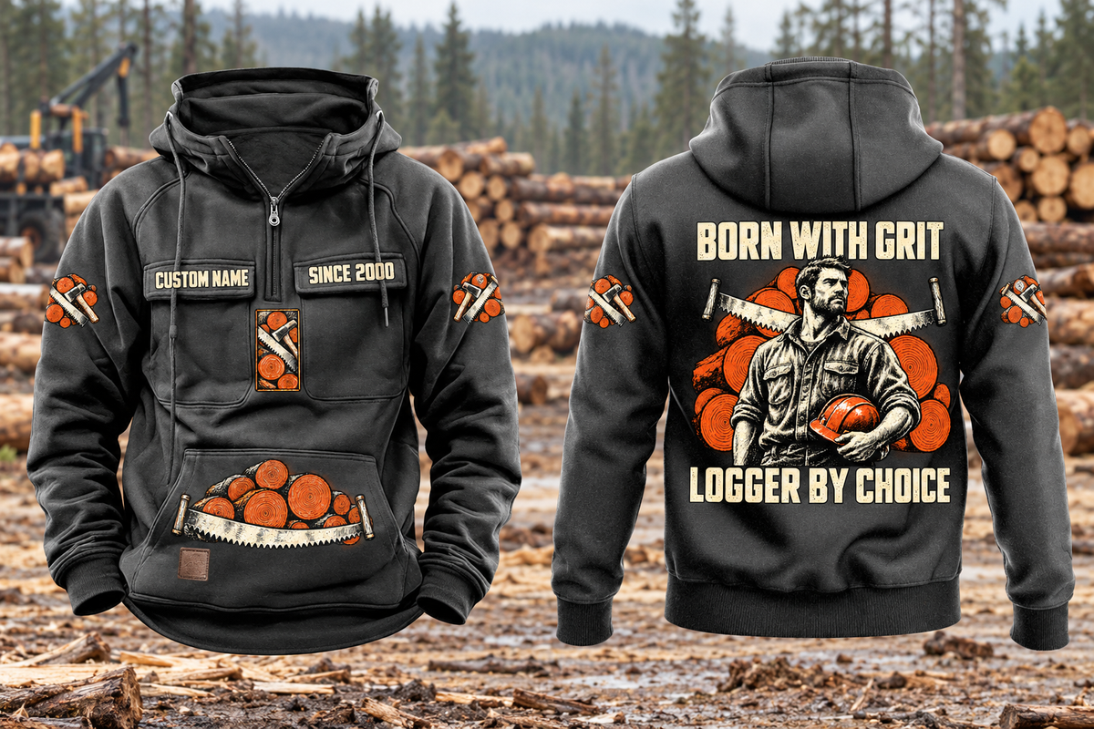 Logger By Choice Vintage Hoodie in Dark Gray, complete front and back views at a forest landing, with CUSTOM NAME and SINCE 2000 chest samples, log-and-saw motifs, and BORN WITH GRIT / LOGGER BY CHOICE back artwork.