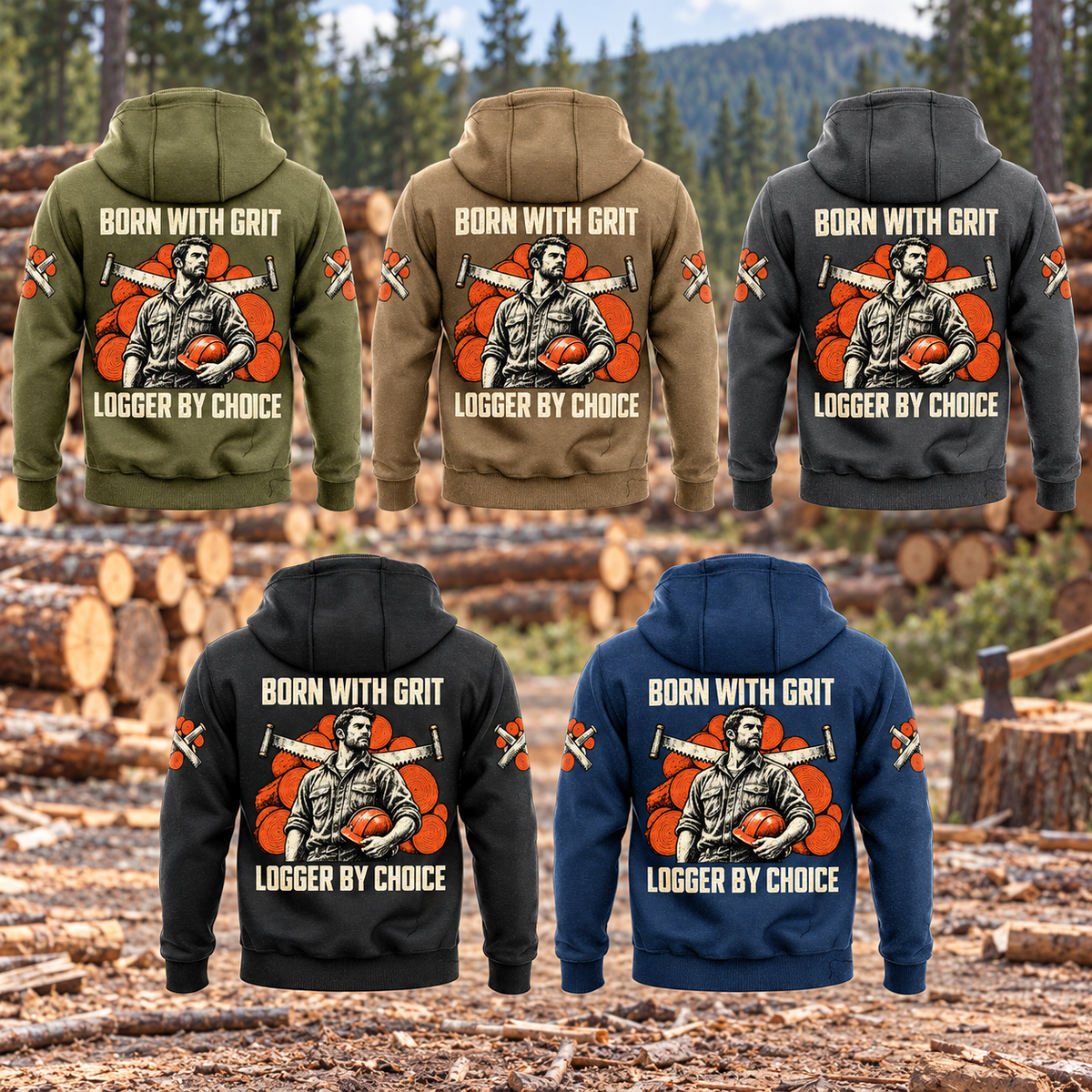 Five complete back views of the Logger By Choice Vintage Hoodie in Military Green, Kaki, Dark Gray, Black and Dark Blue, arranged three above two at a forest landing with cut timber, with BORN WITH GRIT / LOGGER BY CHOICE logger portrait artwork.