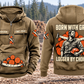 Logger By Choice Vintage Hoodie in Kaki, complete front and back views at a forest landing, with CUSTOM NAME and SINCE 2000 chest samples, log-and-saw motifs, and BORN WITH GRIT / LOGGER BY CHOICE back artwork.