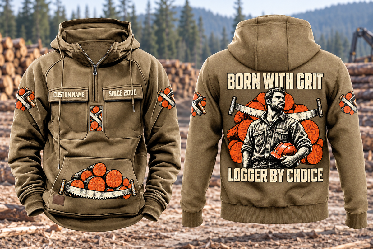 Logger By Choice Vintage Hoodie in Kaki, complete front and back views at a forest landing, with CUSTOM NAME and SINCE 2000 chest samples, log-and-saw motifs, and BORN WITH GRIT / LOGGER BY CHOICE back artwork.