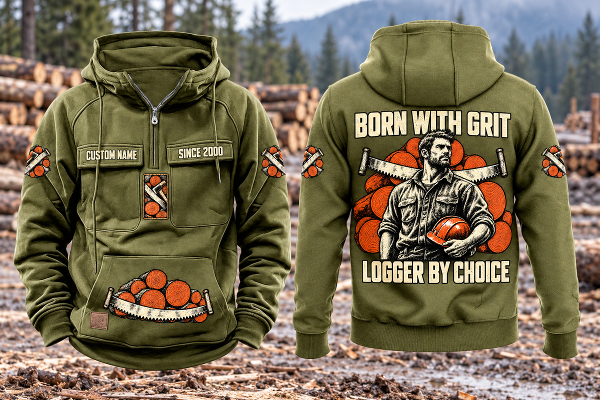 Logger By Choice Vintage Hoodie in Military Green, complete front and back views at a forest landing, with CUSTOM NAME and SINCE 2000 chest samples, log-and-saw motifs, and BORN WITH GRIT / LOGGER BY CHOICE back artwork.