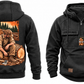 Logger Ready Every Day Portrait Vintage Hoodie in Black, complete separate front and back views with sample text CUSTOM NAME and SINCE 2000, cut-log and saw chest emblems, and a kneeling logger back illustration.
