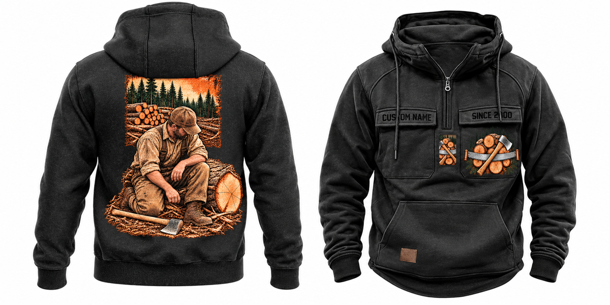 Logger Ready Every Day Portrait Vintage Hoodie in Black, complete separate front and back views with sample text CUSTOM NAME and SINCE 2000, cut-log and saw chest emblems, and a kneeling logger back illustration.