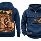 Logger Ready Every Day Portrait Vintage Hoodie in Dark Blue, complete separate front and back views with sample text CUSTOM NAME and SINCE 2000, cut-log and saw chest emblems, and a kneeling logger back illustration.