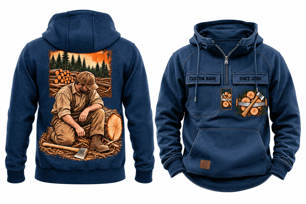 Logger Ready Every Day Portrait Vintage Hoodie in Dark Blue, complete separate front and back views with sample text CUSTOM NAME and SINCE 2000, cut-log and saw chest emblems, and a kneeling logger back illustration.