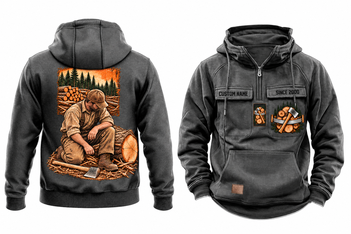 Logger Ready Every Day Portrait Vintage Hoodie in Dark Gray, complete separate front and back views with sample text CUSTOM NAME and SINCE 2000, cut-log and saw chest emblems, and a kneeling logger back illustration.