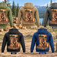 Logger Ready Every Day Portrait Vintage Hoodie in Military Green, Kaki, Dark Gray, Black and Dark Blue, five complete separate back views with kneeling logger artwork, arranged at a quiet forest landing with stacked cut timber.