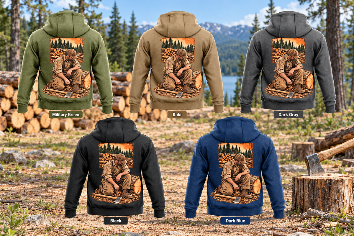 Logger Ready Every Day Portrait Vintage Hoodie in Military Green, Kaki, Dark Gray, Black and Dark Blue, five complete separate back views with kneeling logger artwork, arranged at a quiet forest landing with stacked cut timber.