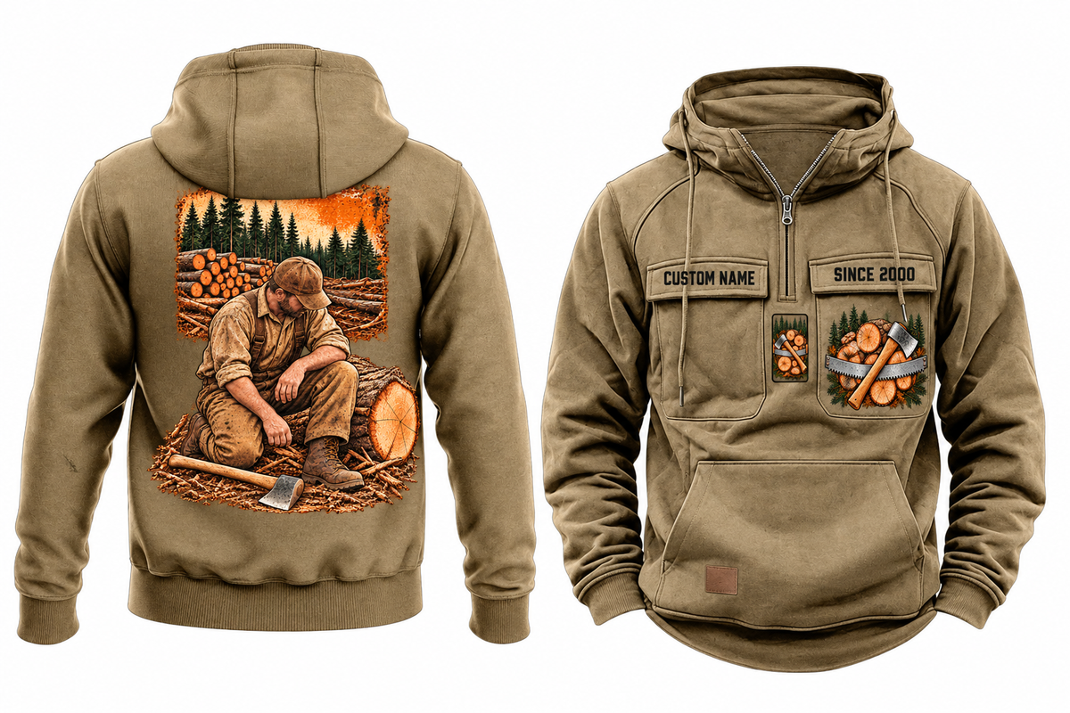 Logger Ready Every Day Portrait Vintage Hoodie in Kaki, complete separate front and back views with sample text CUSTOM NAME and SINCE 2000, cut-log and saw chest emblems, and a kneeling logger back illustration.