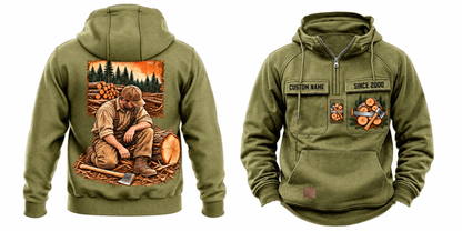 Logger Ready Every Day Portrait Vintage Hoodie in Military Green, complete separate front and back views with sample text CUSTOM NAME and SINCE 2000, cut-log and saw chest emblems, and a kneeling logger back illustration.