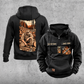 Logger Workday Portrait Vintage Hoodie in Black, front and back views with sample chest text CUSTOM NAME and SINCE 2000, cut-log saw-and-axe chest emblems, and a kneeling logger beside cut timber on a narrow back panel.