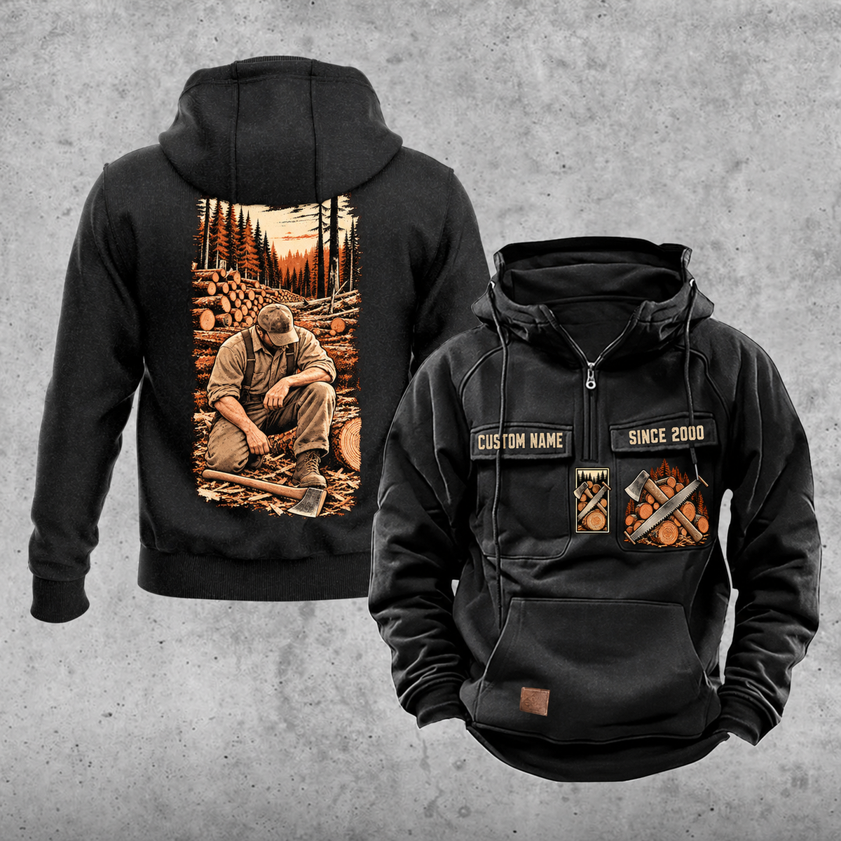 Logger Workday Portrait Vintage Hoodie in Black, front and back views with sample chest text CUSTOM NAME and SINCE 2000, cut-log saw-and-axe chest emblems, and a kneeling logger beside cut timber on a narrow back panel.