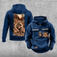 Logger Workday Portrait Vintage Hoodie in Dark Blue, front and back views with sample chest text CUSTOM NAME and SINCE 2000, cut-log saw-and-axe chest emblems, and a kneeling logger beside cut timber on a narrow back panel.