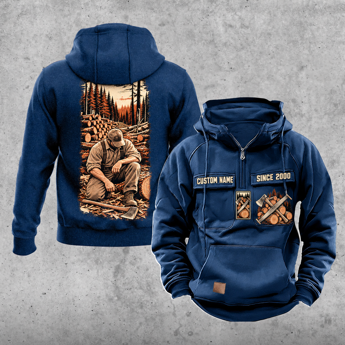Logger Workday Portrait Vintage Hoodie in Dark Blue, front and back views with sample chest text CUSTOM NAME and SINCE 2000, cut-log saw-and-axe chest emblems, and a kneeling logger beside cut timber on a narrow back panel.