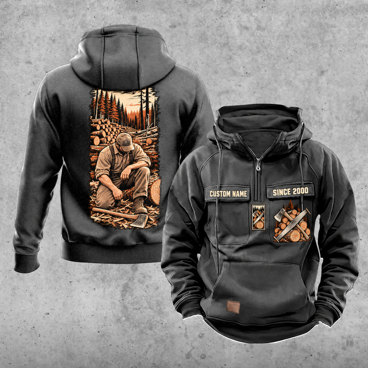 Logger Workday Portrait Vintage Hoodie in Dark Gray, front and back views with sample chest text CUSTOM NAME and SINCE 2000, cut-log saw-and-axe chest emblems, and a kneeling logger beside cut timber on a narrow back panel.