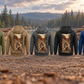 Logger Workday Portrait Vintage Hoodie in Military Green, Kaki, Dark Gray, Black and Dark Blue, five complete back views with matching kneeling logger and cut-timber artwork at a quiet forest landing.
