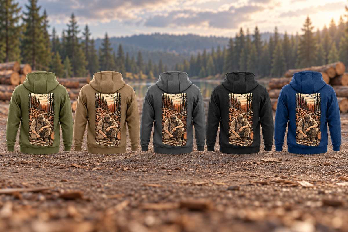Logger Workday Portrait Vintage Hoodie in Military Green, Kaki, Dark Gray, Black and Dark Blue, five complete back views with matching kneeling logger and cut-timber artwork at a quiet forest landing.