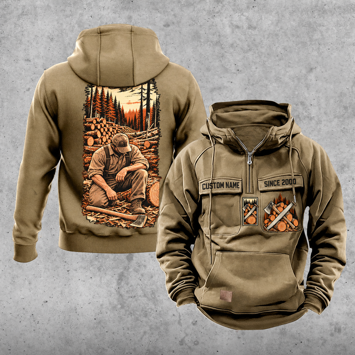 Logger Workday Portrait Vintage Hoodie in Kaki, front and back views with sample chest text CUSTOM NAME and SINCE 2000, cut-log saw-and-axe chest emblems, and a kneeling logger beside cut timber on a narrow back panel.