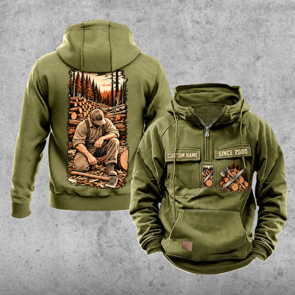 Logger Workday Portrait Vintage Hoodie in Military Green, front and back views with sample chest text CUSTOM NAME and SINCE 2000, cut-log saw-and-axe chest emblems, and a kneeling logger beside cut timber on a narrow back panel.