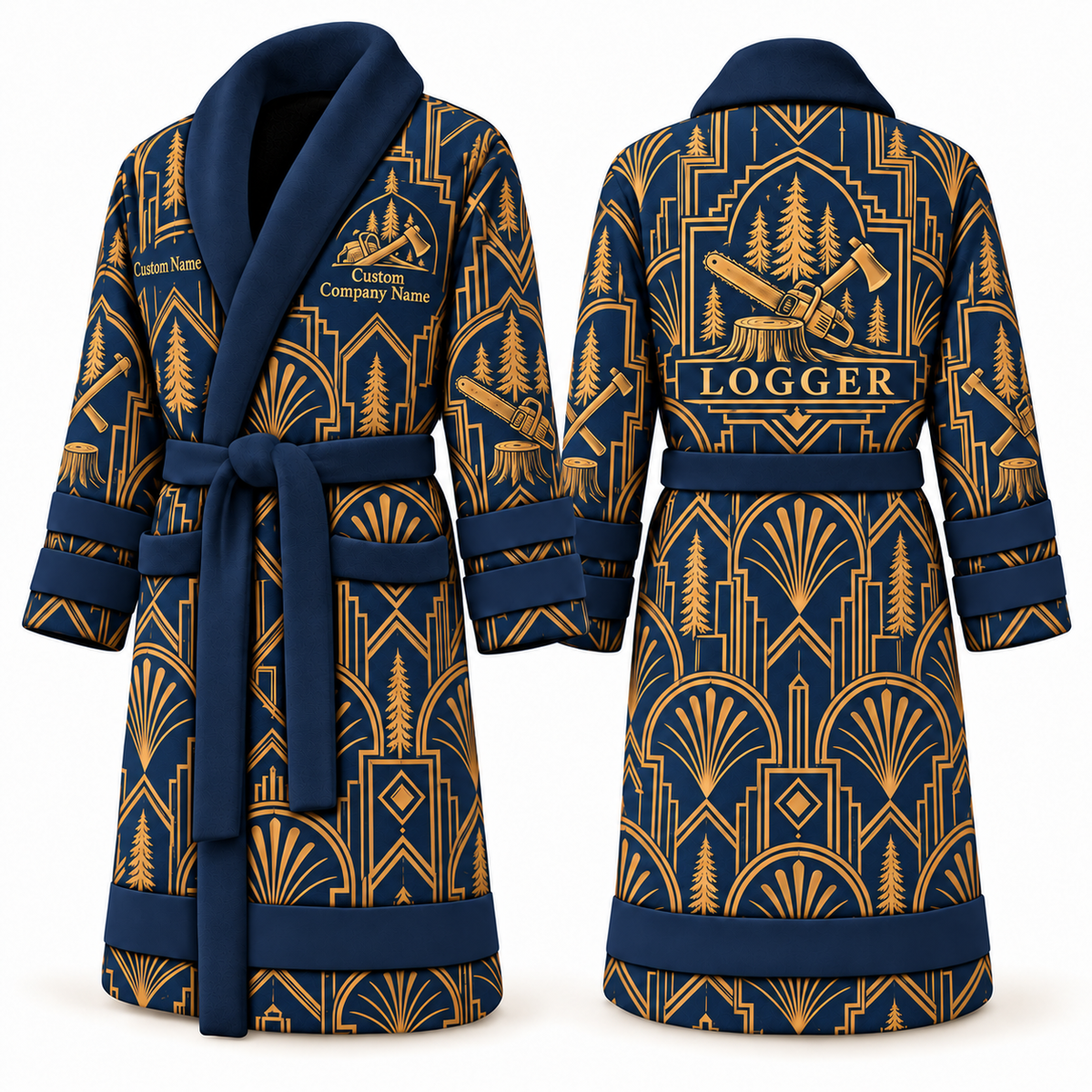 Personalized Logger Bathrobe - Art Deco Craft blue front and back view