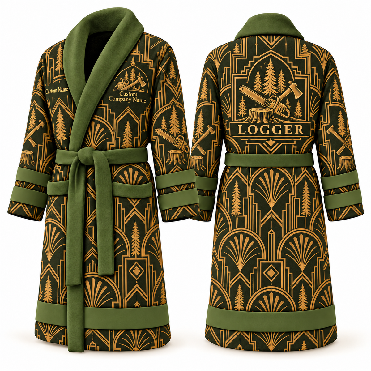 Personalized Logger Bathrobe - Art Deco Craft olive front and back view