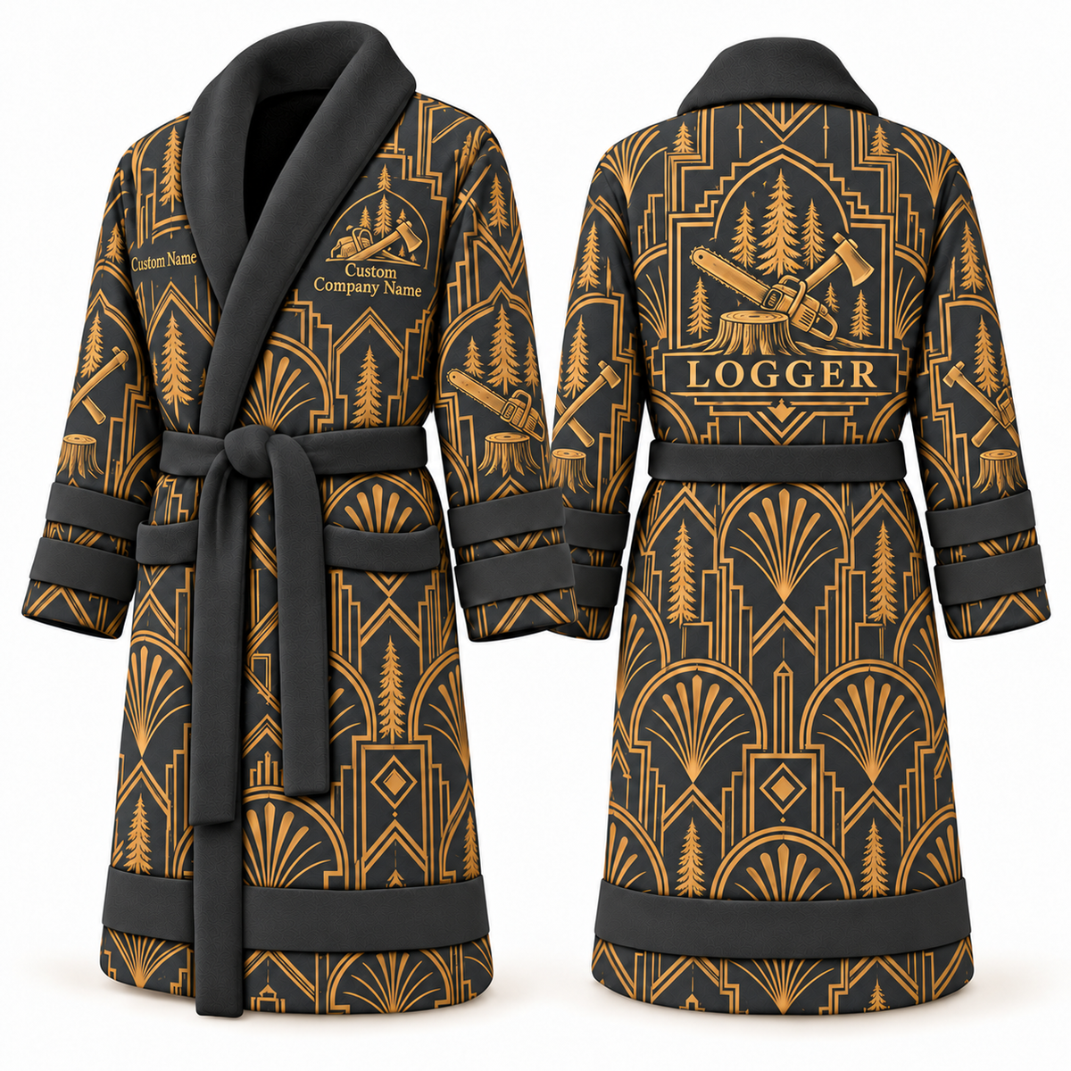 Personalized Logger Bathrobe - Art Deco Craft slate front and back view
