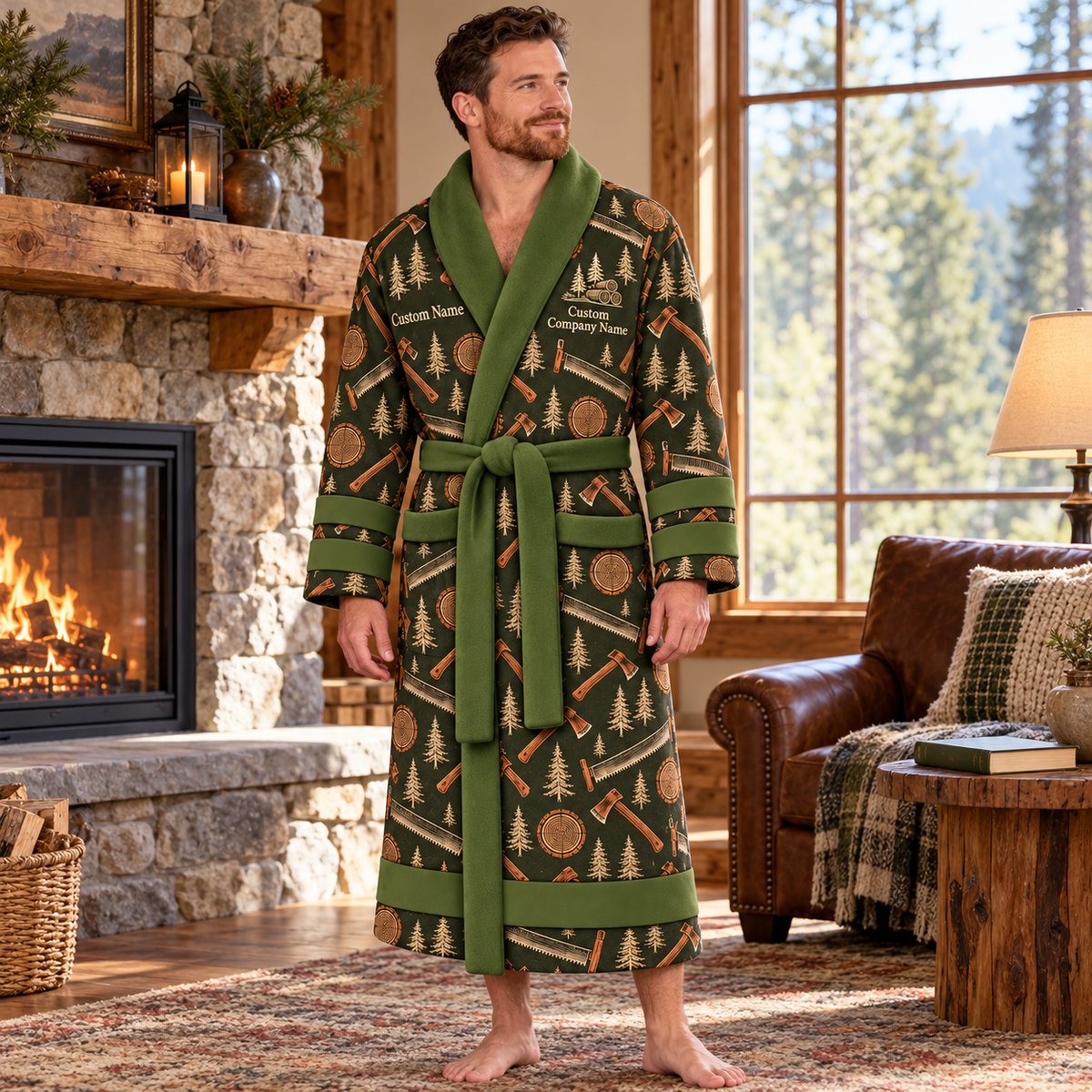 Personalized Logger Bathrobe Olive worn at home