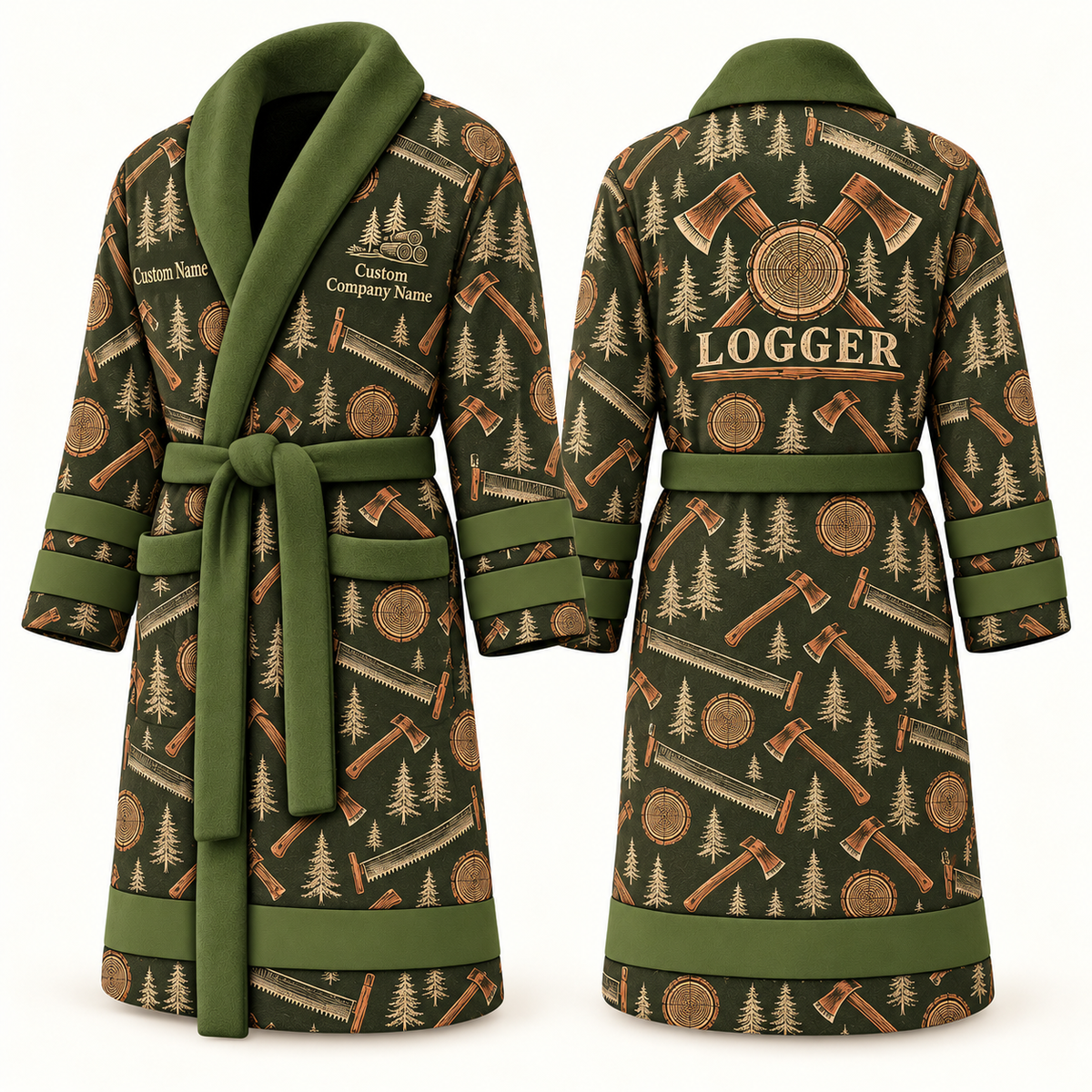 Personalized Logger Bathrobe olive front and back