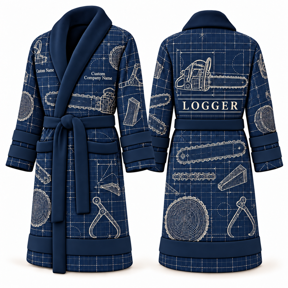 Personalized Logger Bathrobe - Blueprint Workshop blue front and back view
