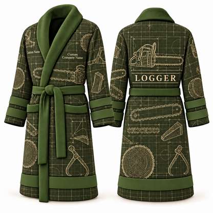 Personalized Logger Bathrobe - Blueprint Workshop olive front and back view