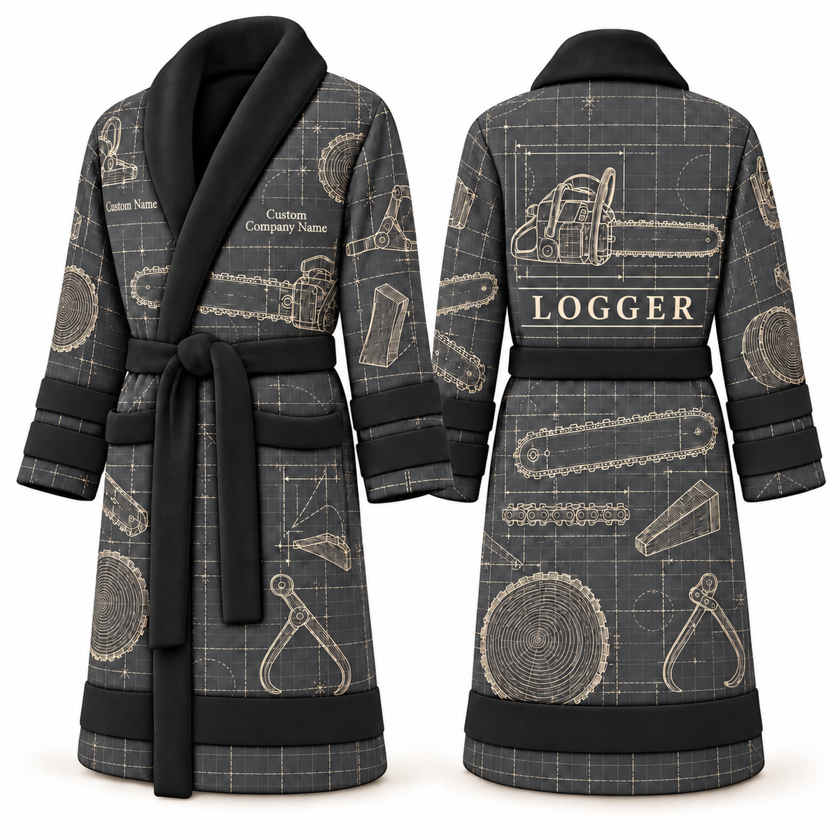 Personalized Logger Bathrobe - Blueprint Workshop slate front and back view