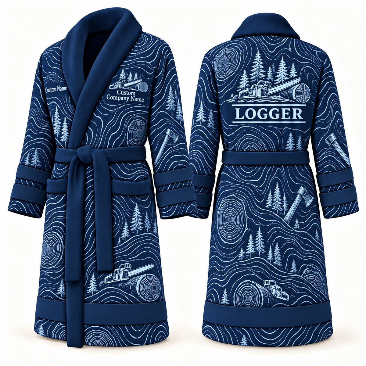 Personalized Logger Bathrobe - Contour Lines blue front and back view
