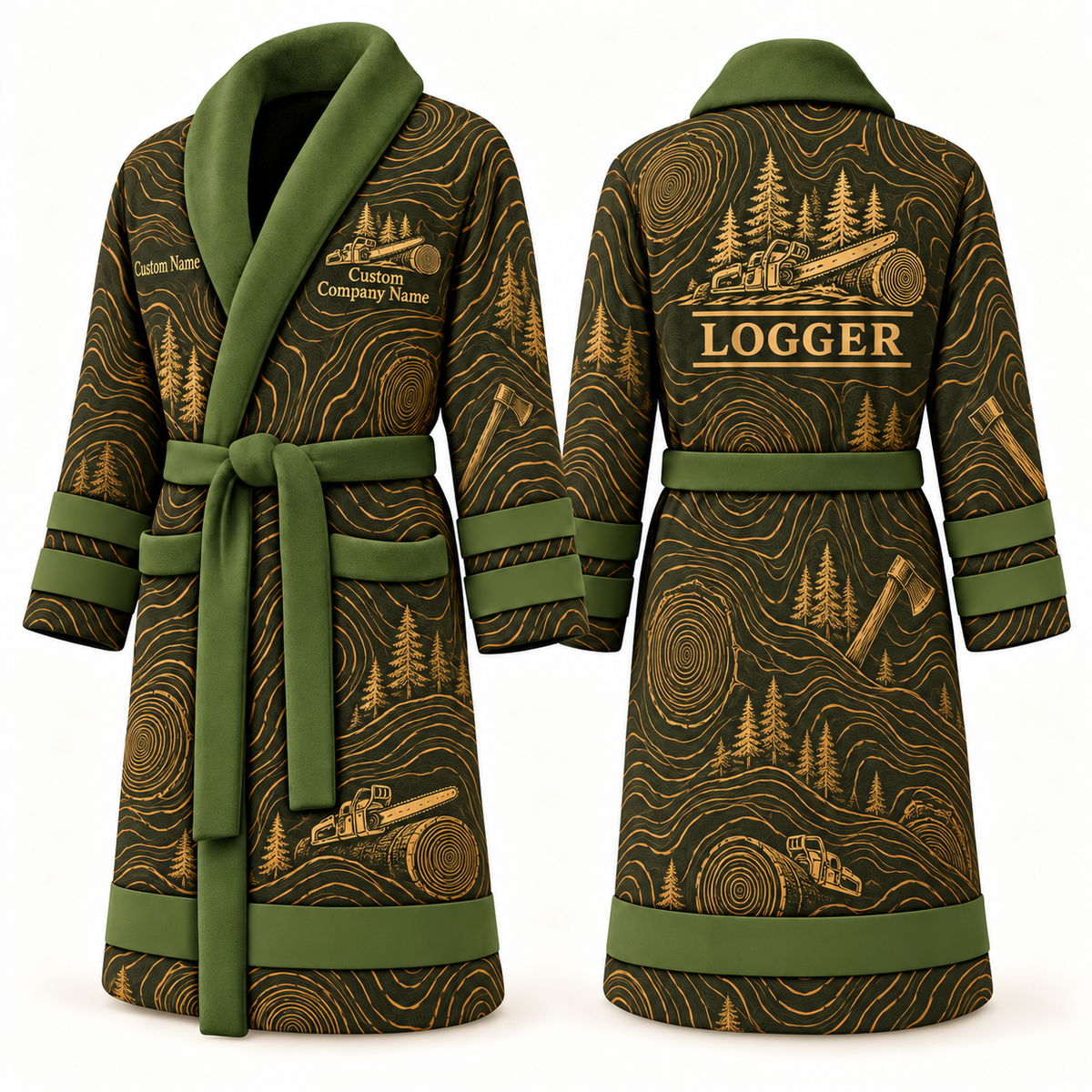 Personalized Logger Bathrobe - Contour Lines olive front and back view