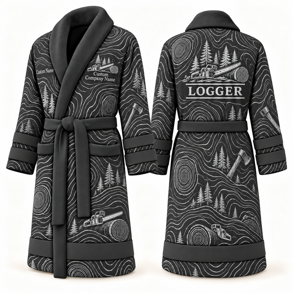 Personalized Logger Bathrobe - Contour Lines slate front and back view