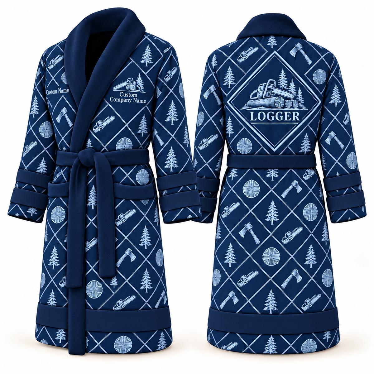 Personalized Logger Bathrobe - Diamond Emblems blue front and back view